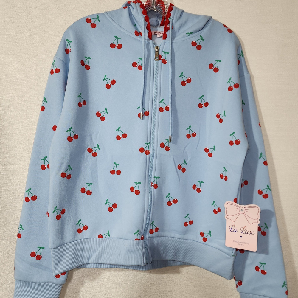 Cherry graphic blue full zip hoodie women's Large NWT